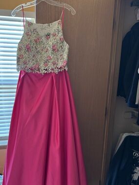 Sean Collection Fuchsia Satin Skirt with White Floral Lace Bodice PROM dress